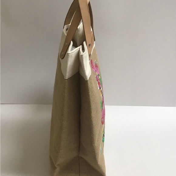 Brighton Lovebirds Floral Jute Canvas w/Leather Handles Tote Bag NEW - Picture 13 of 16